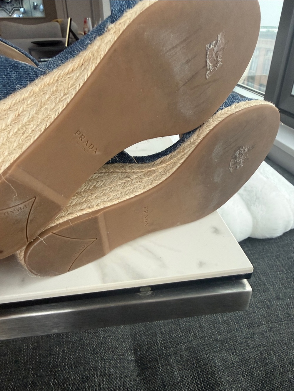 Prada Denim Wedge Sandal - with Gold Logo - Picture 5 of 6